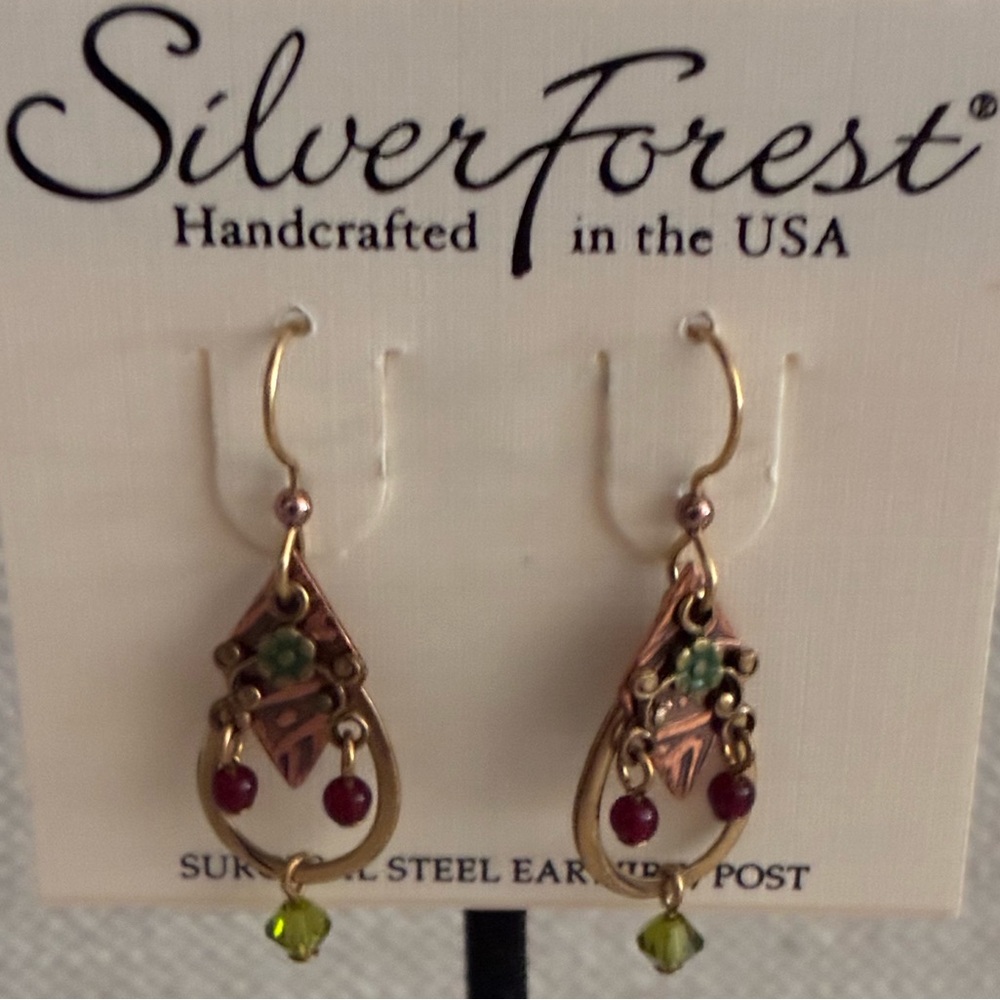 Silver Forest Green Copper Gold Tone Earrings Beads Dangle Wire Surgical Steel